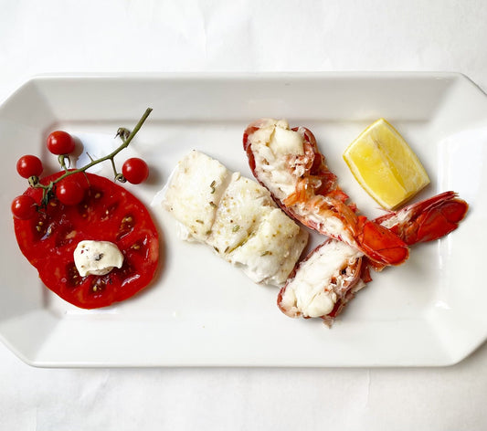 Citrus & Fennel Baked Halibut and Lobster with Piccolo Tomato Salad