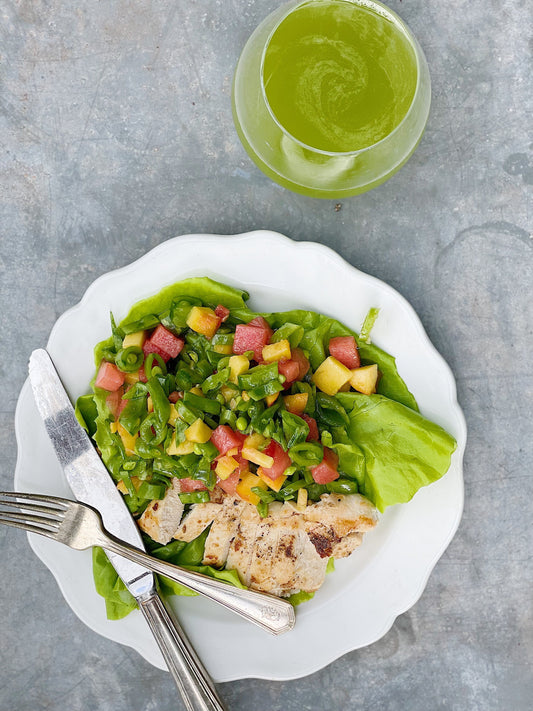 Watermelon, White Peach, Sugar Snap Pea Salad with Mint & Pistachio Vinaigrette