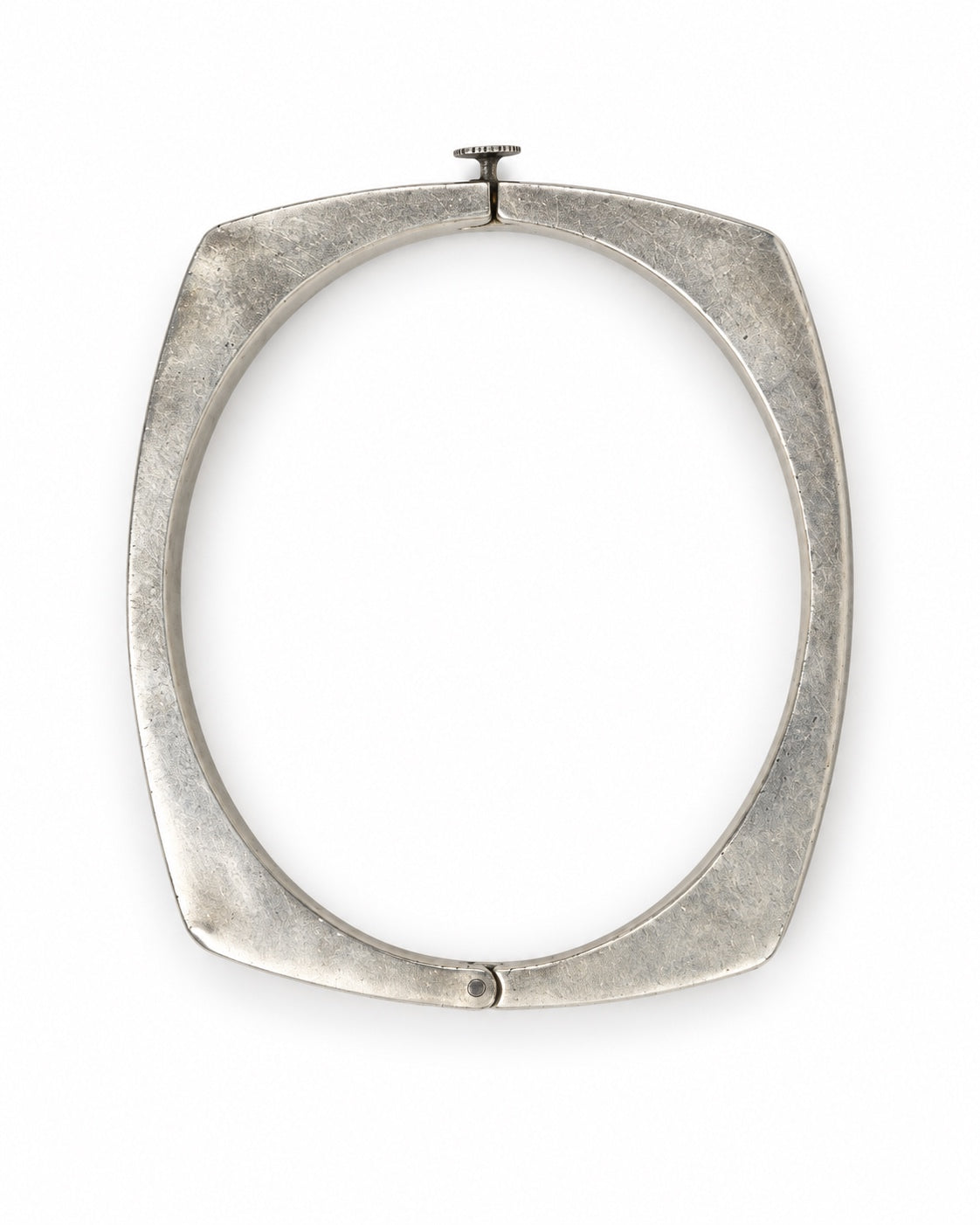 A silver-toned metal oval frame with a thick, rounded rectangular border and a small screw adjustment at the top, shown on a plain white background.