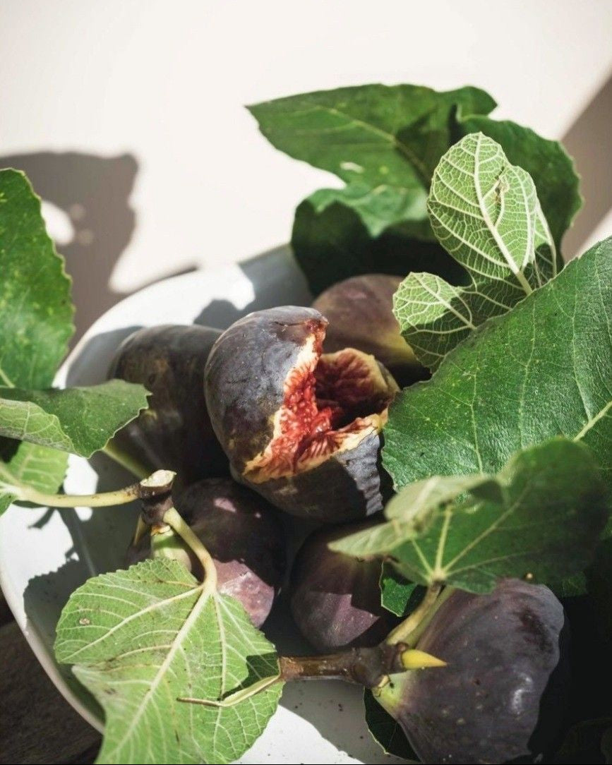 Fresh figs with green leaves, including one cut open to show the red-purple interior, arranged on a white plate against a light background.