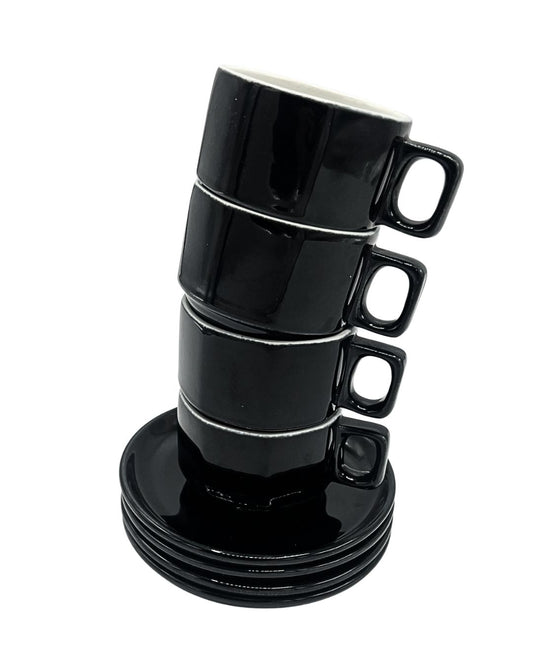 Set of four vintage Italian matte black ceramic espresso cups stacked with saucers, Bella Cucina