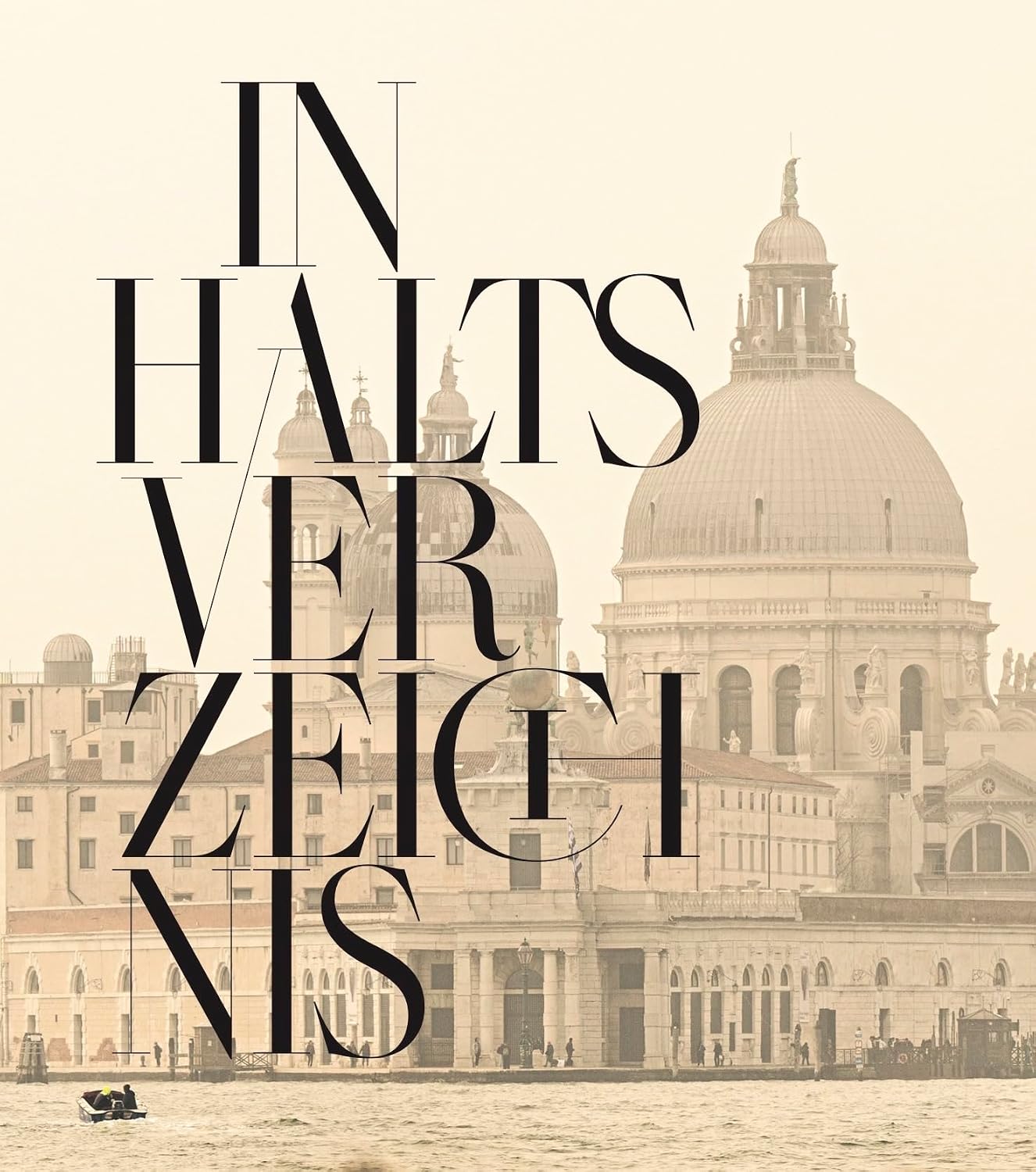 A sepia-toned architectural scene with large overlaid text reading 'INHALTSVERZEICHNIS' on a light cream background.