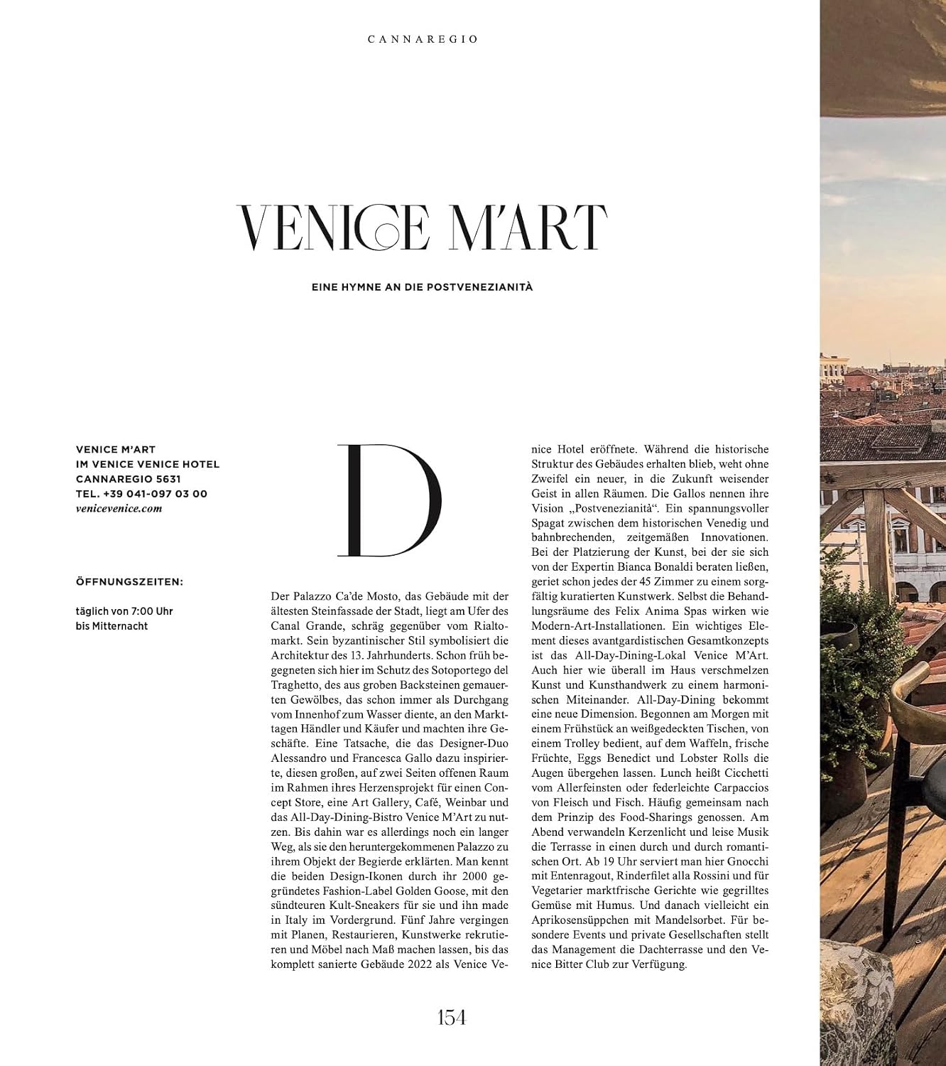 A printed travel brochure or magazine page about Venice in German, with the title 'VENICE MART', hotel information, a large decorative numeral 'D', and a narrow scenic photo strip on the right showing a sunlit terrace and buildings.