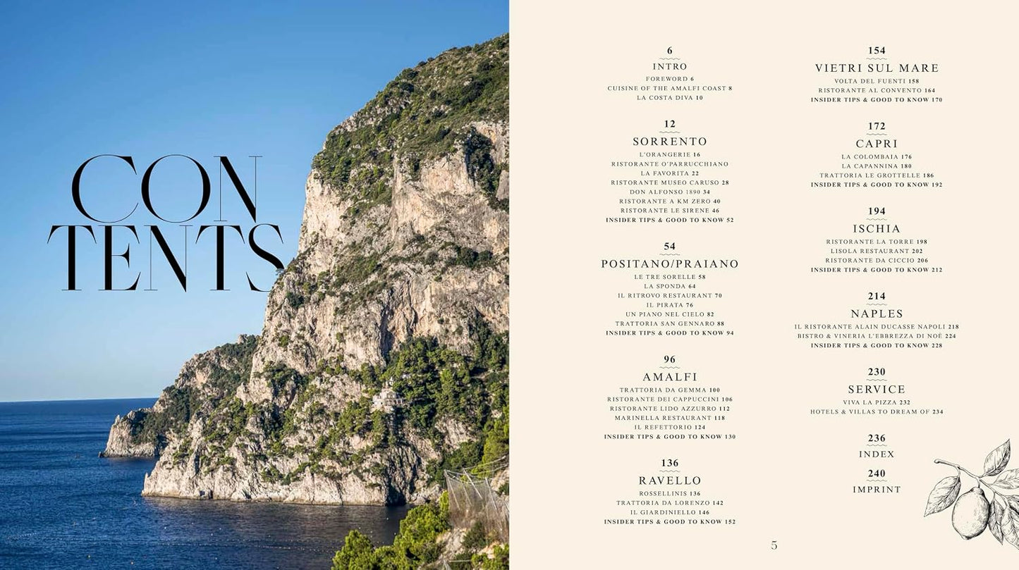 Table of contents page with a scenic view of a coastal cliff and sea.