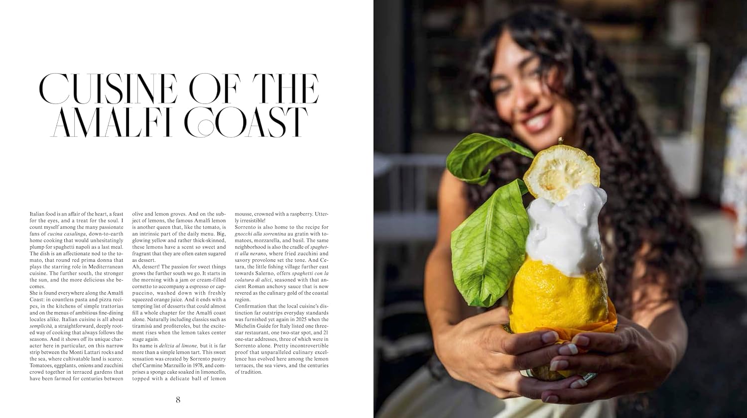 Person holding a dish with lemon and basil, text about Amalfi Coast cuisine on the left.