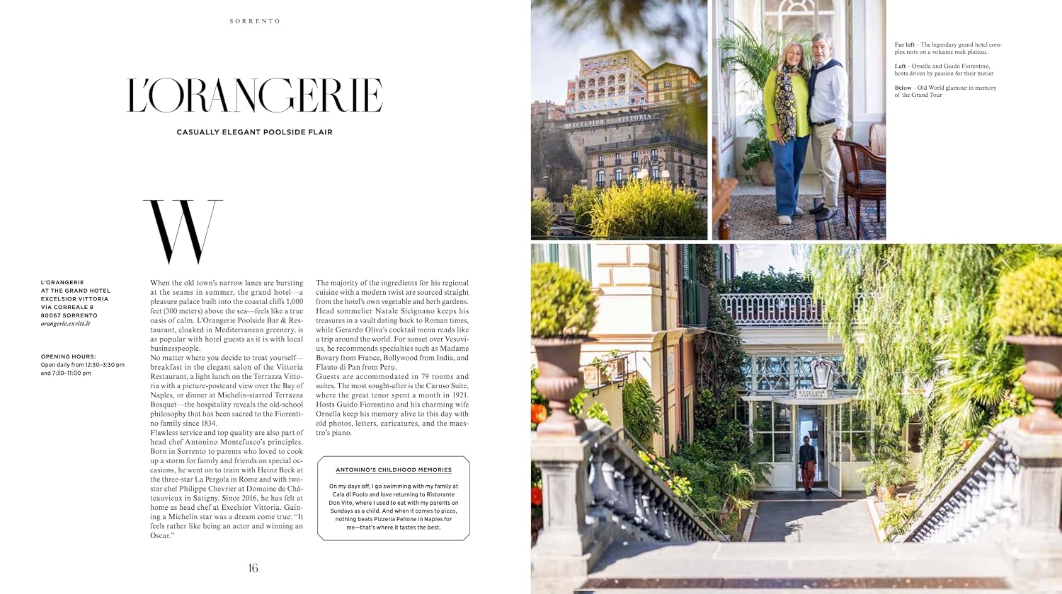 Magazine layout with text and images of a building and people outdoors.