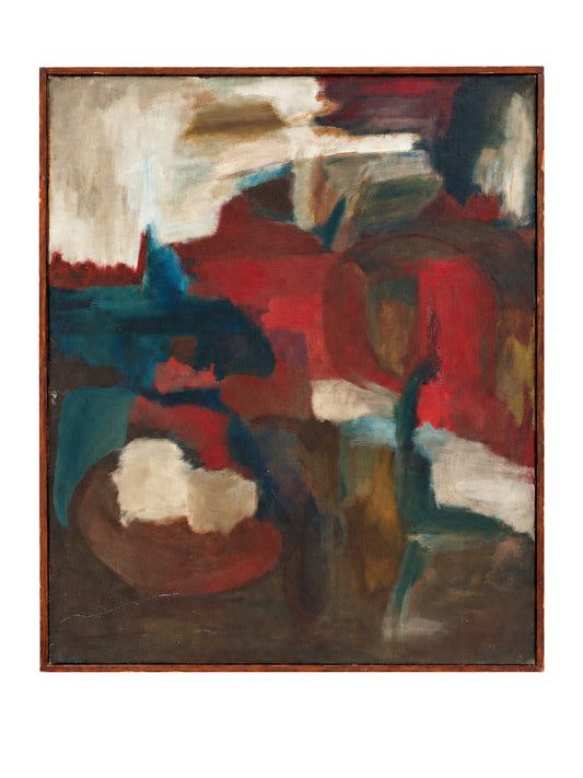 An abstract expressionist painting featuring bold brushstrokes of red, dark blue, brown, cream, and white, enclosed in a thin dark wooden frame against a white background.