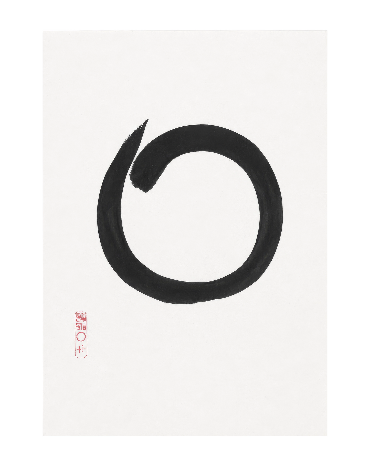 A minimalist black ink calligraphy art print depicting a single large circular stroke with a small red artist seal in the lower left, on a white background.