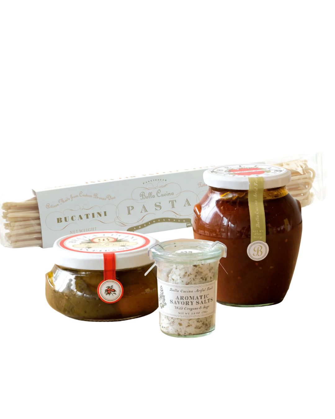 Assorted food products including pasta, jars of sauce, and a container on a white background