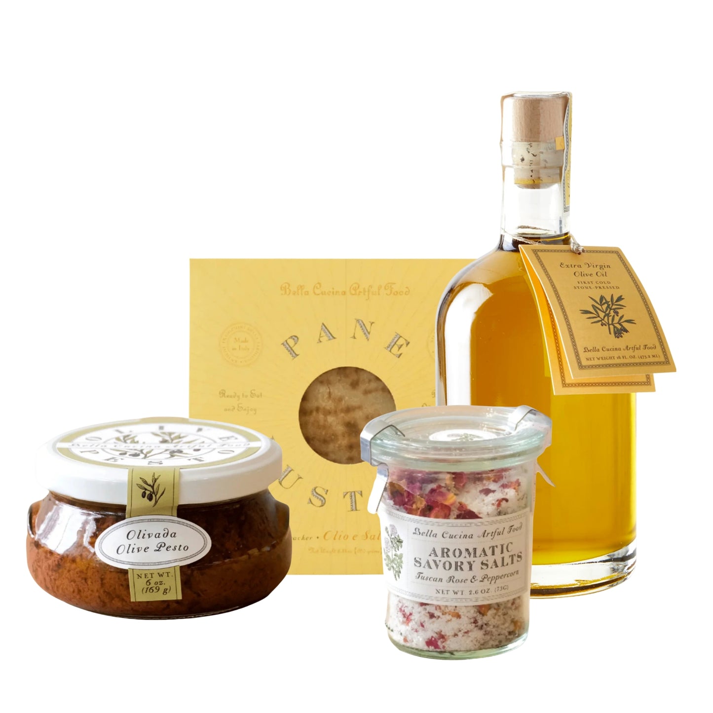 A gift set from Bella Cucina Artful Food featuring a bottle of extra virgin olive oil, a jar of olive oil resin, and a jar of rosemary salt, arranged with their packaging on a white background.