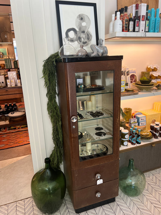 Vintage 1930's Brown and Black Display Case with Glass Shelves