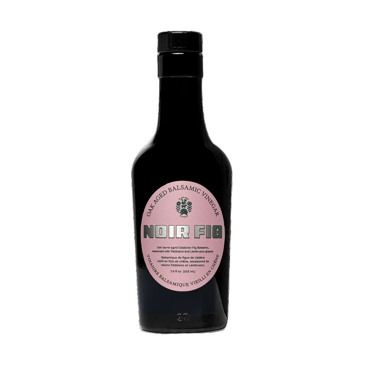 A dark glass bottle of Charentais Balsamic Vinegar, Noir Fier, with a black cap and a pink circular label, centered on a white background.