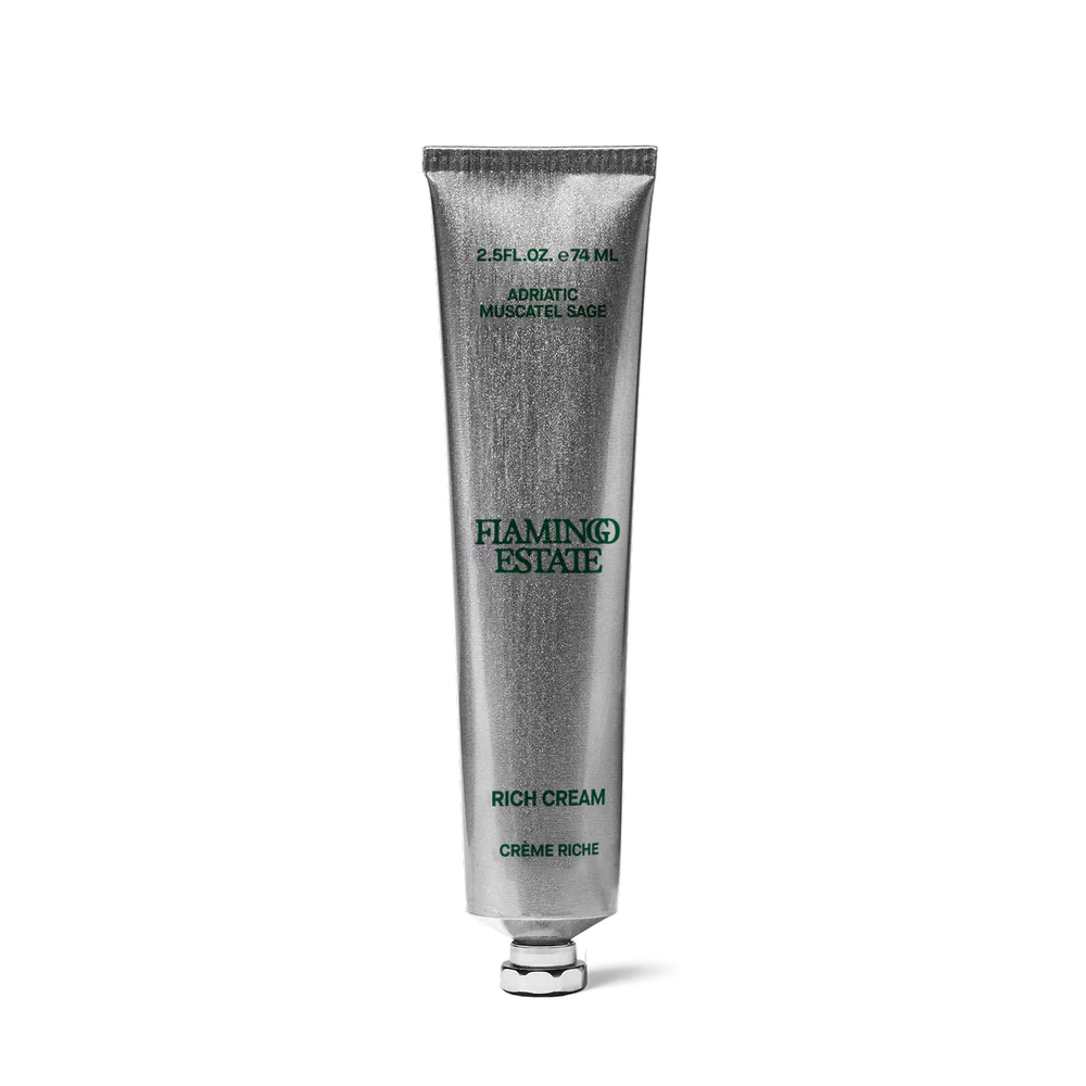 A silver squeeze tube of Fiamingo Estate Rich Cream on a clean white background.