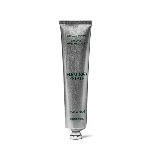 A silver squeeze tube of Fiamingo Estate Rich Cream on a clean white background.