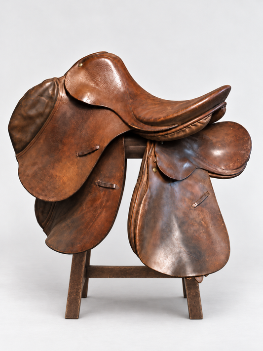 Vintage French leather saddle from 1850 at Bella Cucina in Atlanta