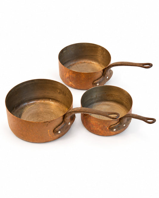 Antique French copper pots, set of 3, at Bella Cucina in Atlanta