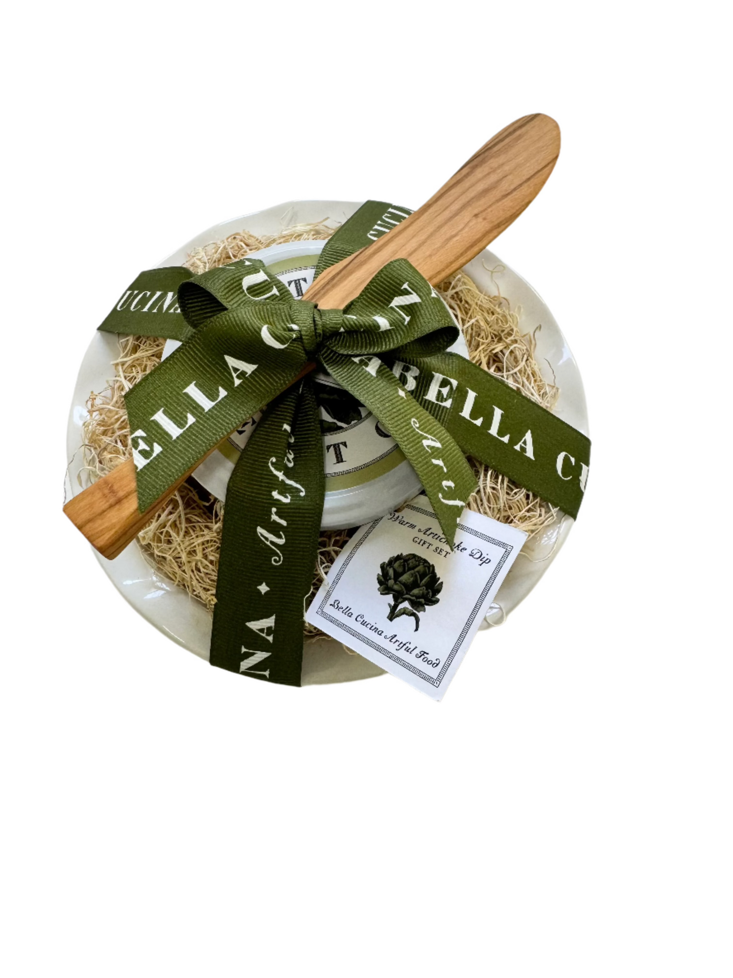 Bella Cucina Artichoke Lemon Pesto in scalloped porcelain baking dish gift set with olivewood spreader