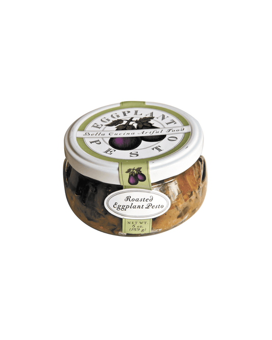 Jar of Bella Cucina Roasted Eggplant Pesto gourmet Mediterranean spread