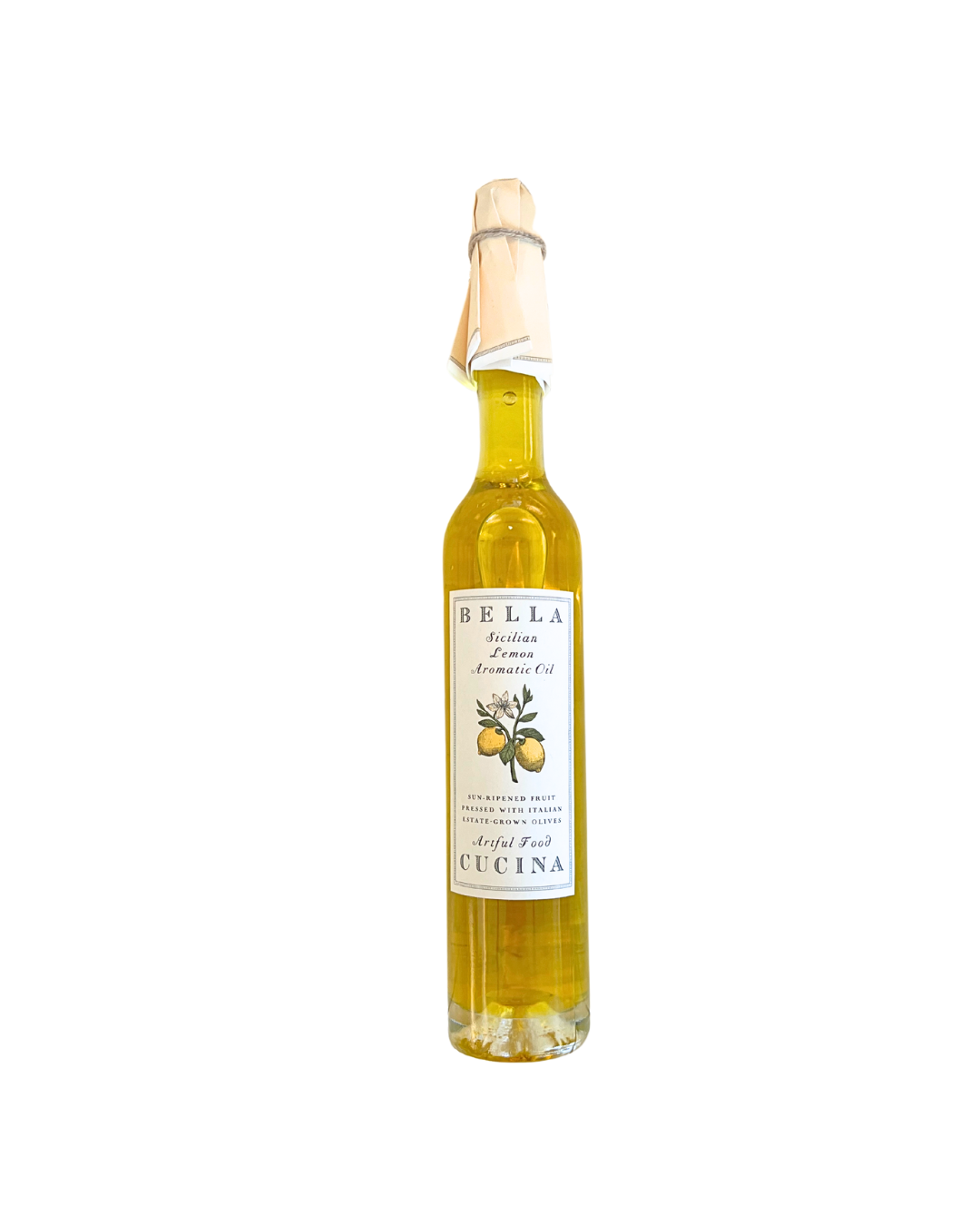 A bottle of Bella Cucina Sicilian Lemon Aromatic Oil, featuring estate-grown Italian extra virgin olive oil infused with Sicilian lemons, elegantly wrapped and labeled.