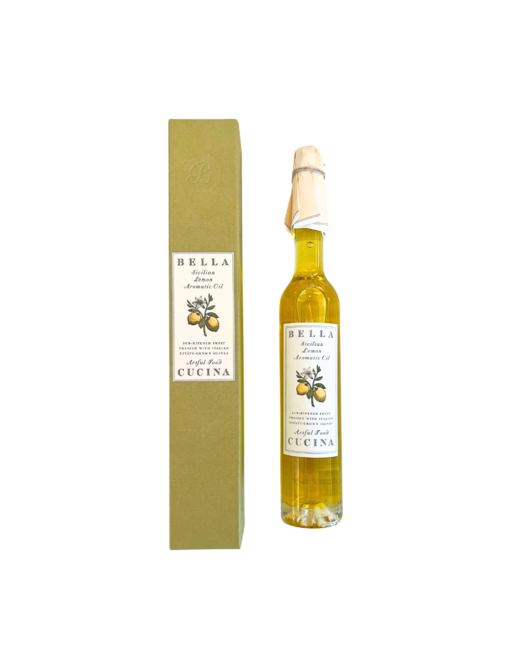 Bella Cucina Sicilian Lemon Aromatic Oil – estate-grown Italian olive oil infused with Sicilian lemons, packaged in a decorative gift box.