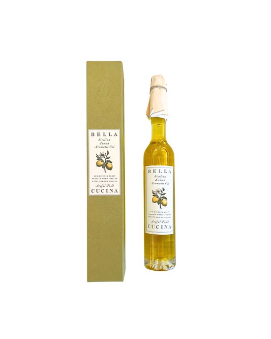 Bella Cucina Sicilian Lemon Aromatic Oil – estate-grown Italian olive oil infused with Sicilian lemons, packaged in a decorative gift box.