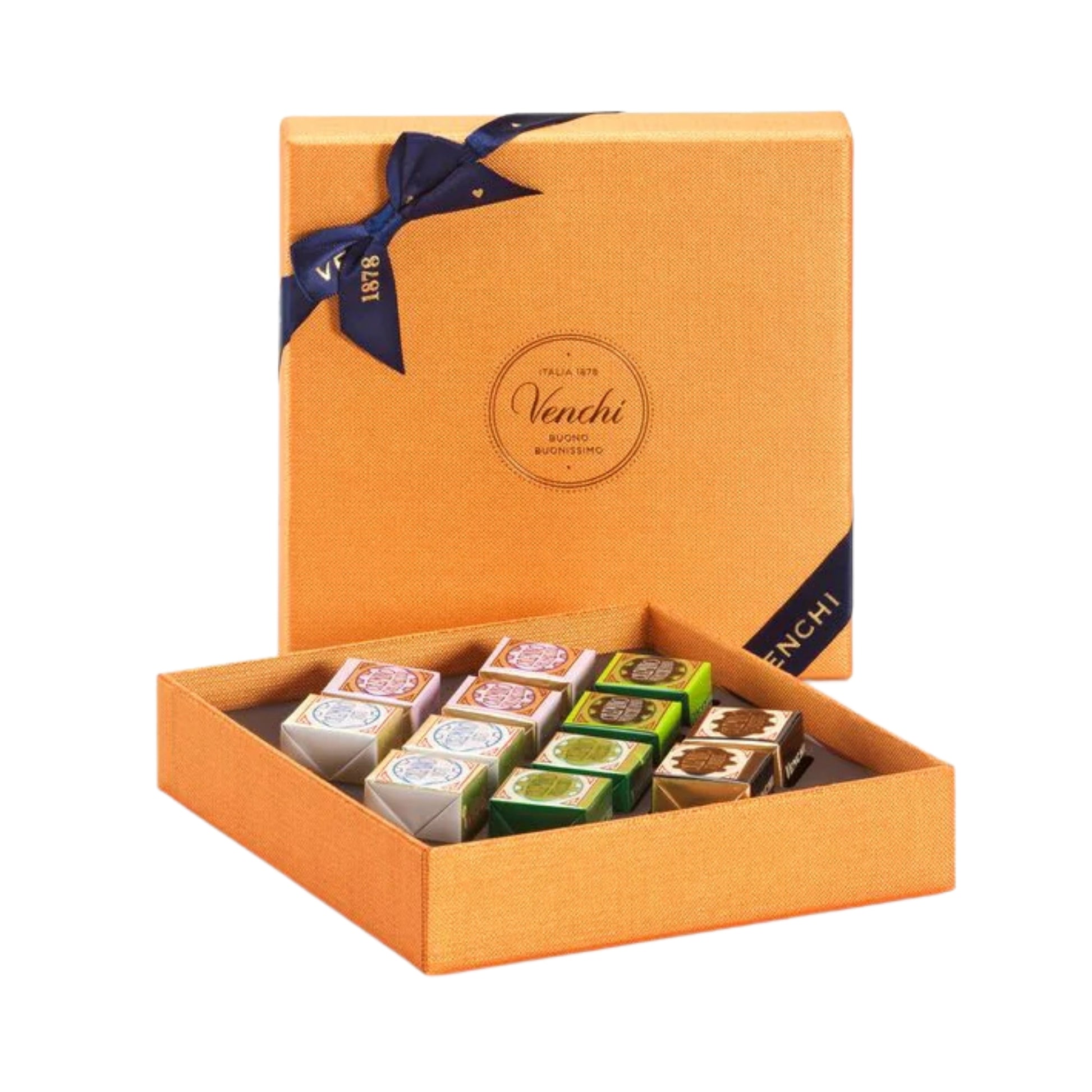 Orange gift box with a blue ribbon containing small square boxes, likely chocolates, on a white background.