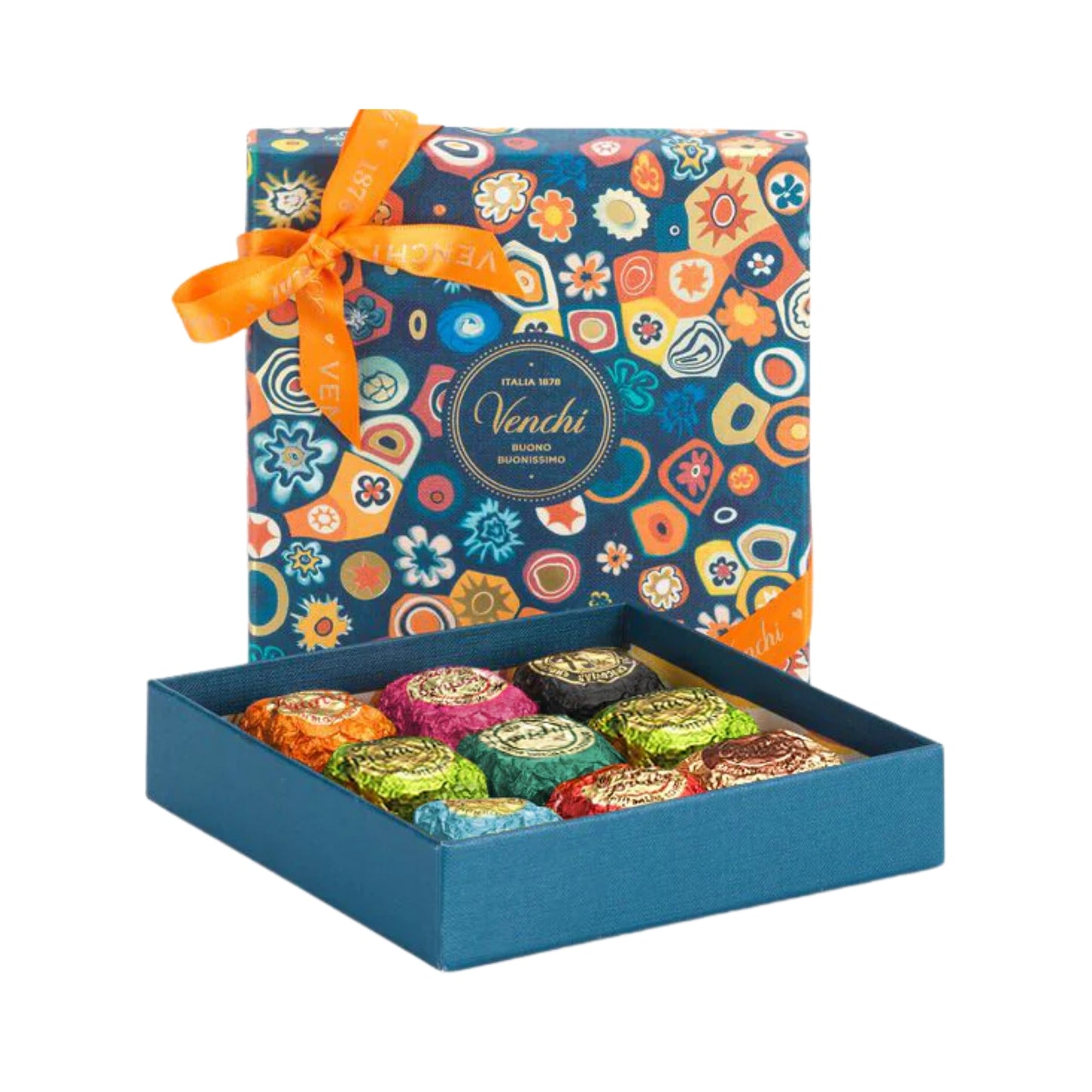 Colorful box of assorted chocolates with a decorative ribbon on a white background