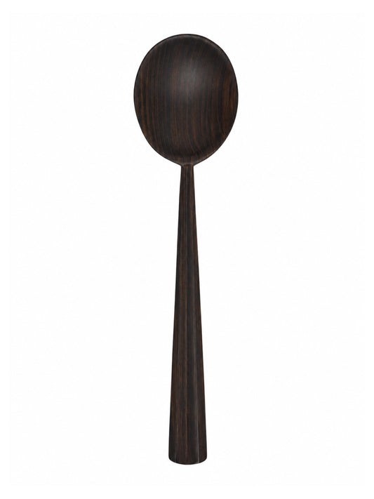 A single dark wood spoon with a long handle and oval bowl, shown vertically against a plain white background.