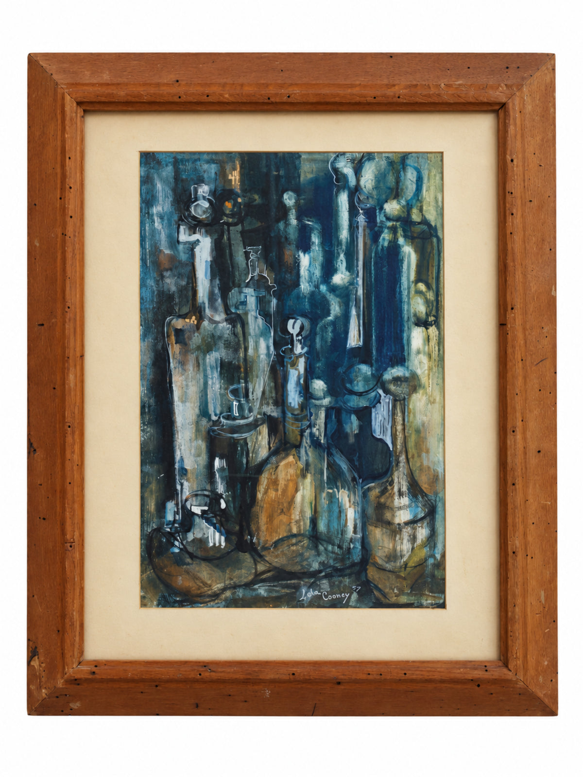 A framed abstract still life painting depicting glass bottles in shades of blue, gray, and brown, set within a cream mat and a rustic medium-brown wooden frame.