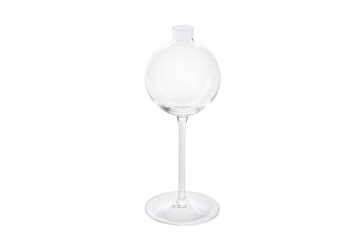 Elegant transparent wine glass vase with a modern spherical design, perfect for home decor and floral arrangements.