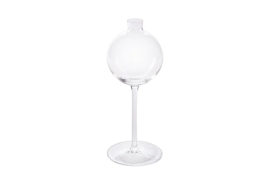 Elegant transparent wine glass vase with a modern spherical design, perfect for home decor and floral arrangements.