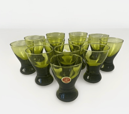 Glasses: Vintage Original Italian Olive Green Aperitivo glasses | Set of 4 or 6 by Bella Cucina – For the table: Glasses