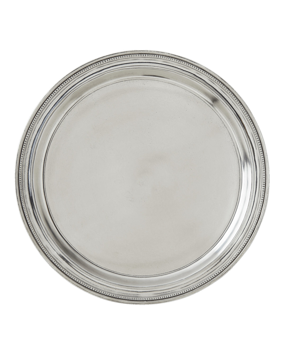 A round silver serving platter with a decorative beaded rim, shown from a top-down view on a white background.