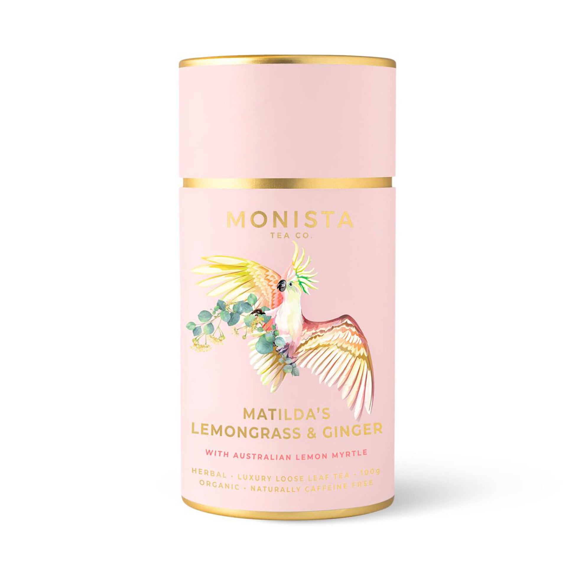 Monista Matilda’s Lemongrass & Ginger Tea – caffeine-free loose leaf blend with lemon myrtle and ginger, packaged in an elegant pink and gold tin featuring a cockatoo illustration.