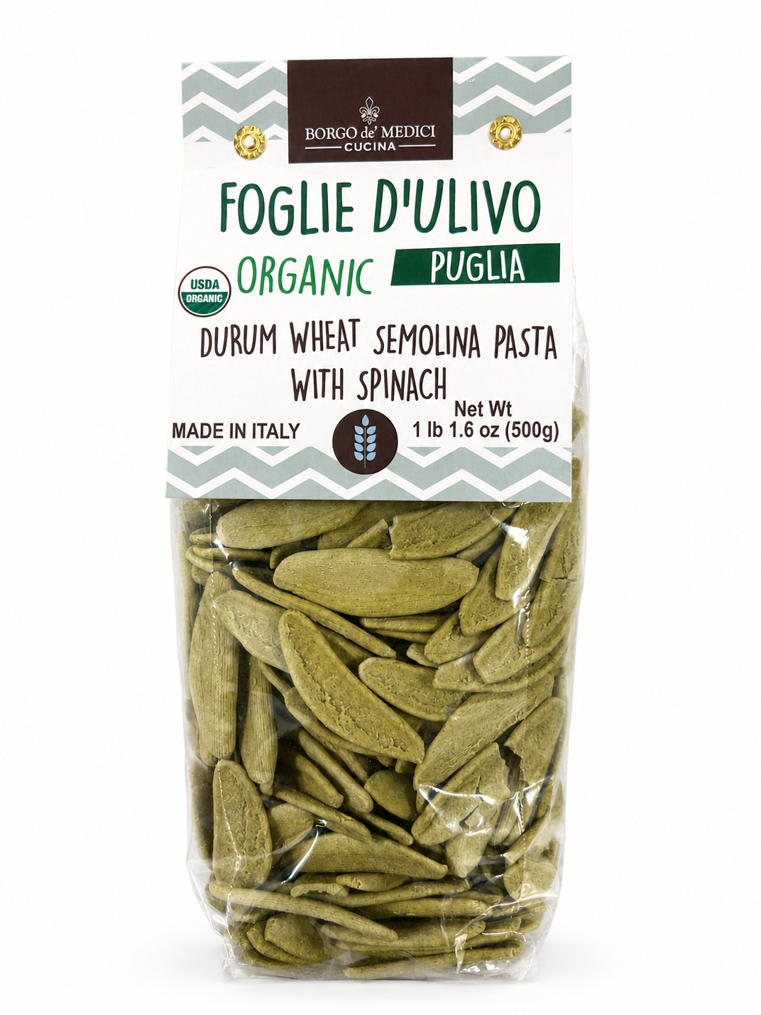 Borgo de' Medici organic foglie d'ulivo, olive leaf shaped spinach pasta from Puglia, in a clear bag with a cream and sage chevron label