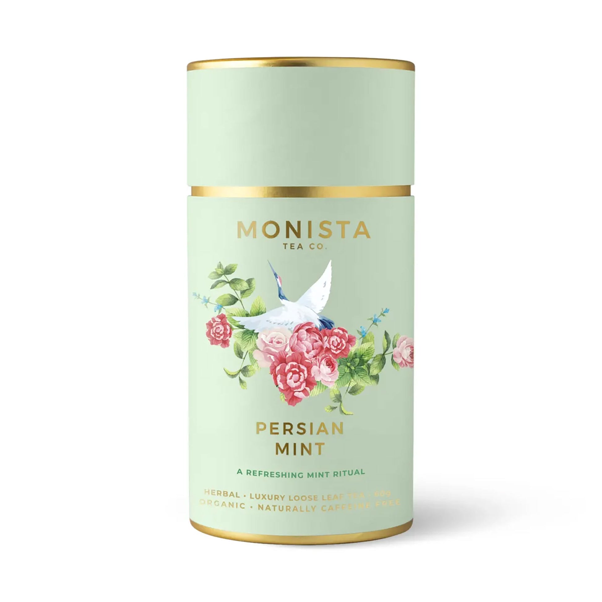 Monista Persian Mint Tea. Refreshing loose leaf organic mint tea with floral accents, beautifully packaged in a soft green and gold tin with a crane and rose design.