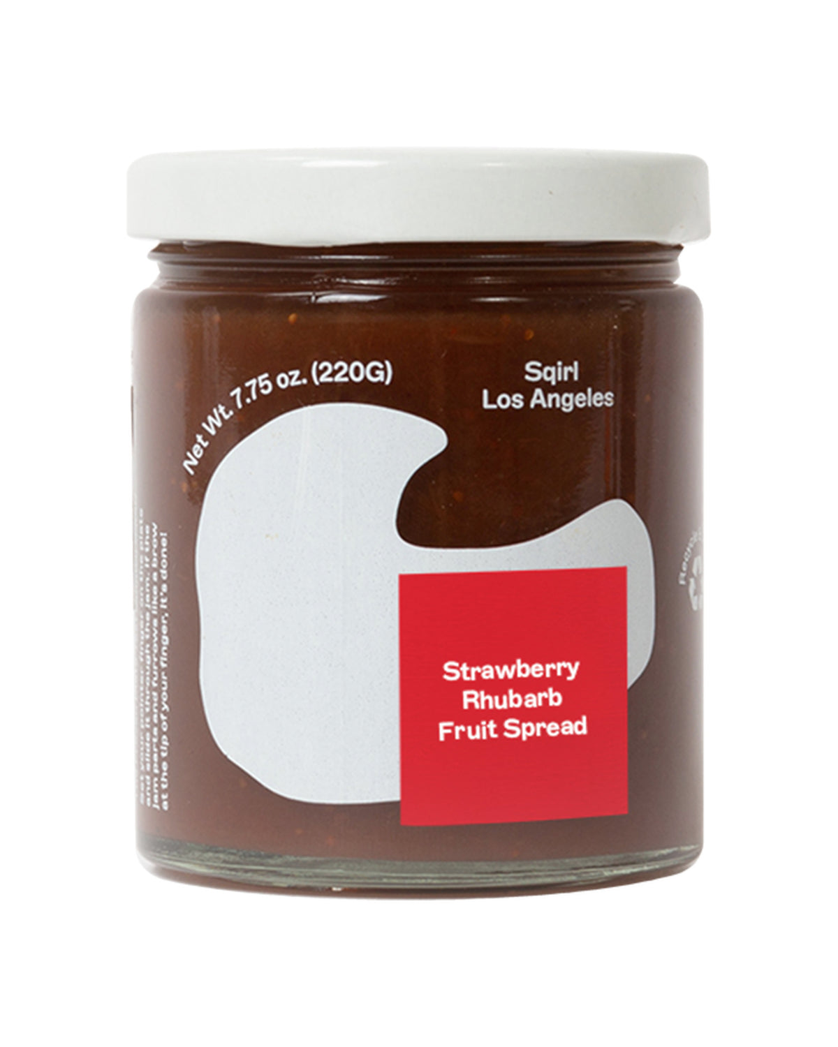 A glass jar of Sqirl Strawberry Rhubarb Fruit Spread with a white lid and a label featuring a red square and white abstract shape, on a white background.