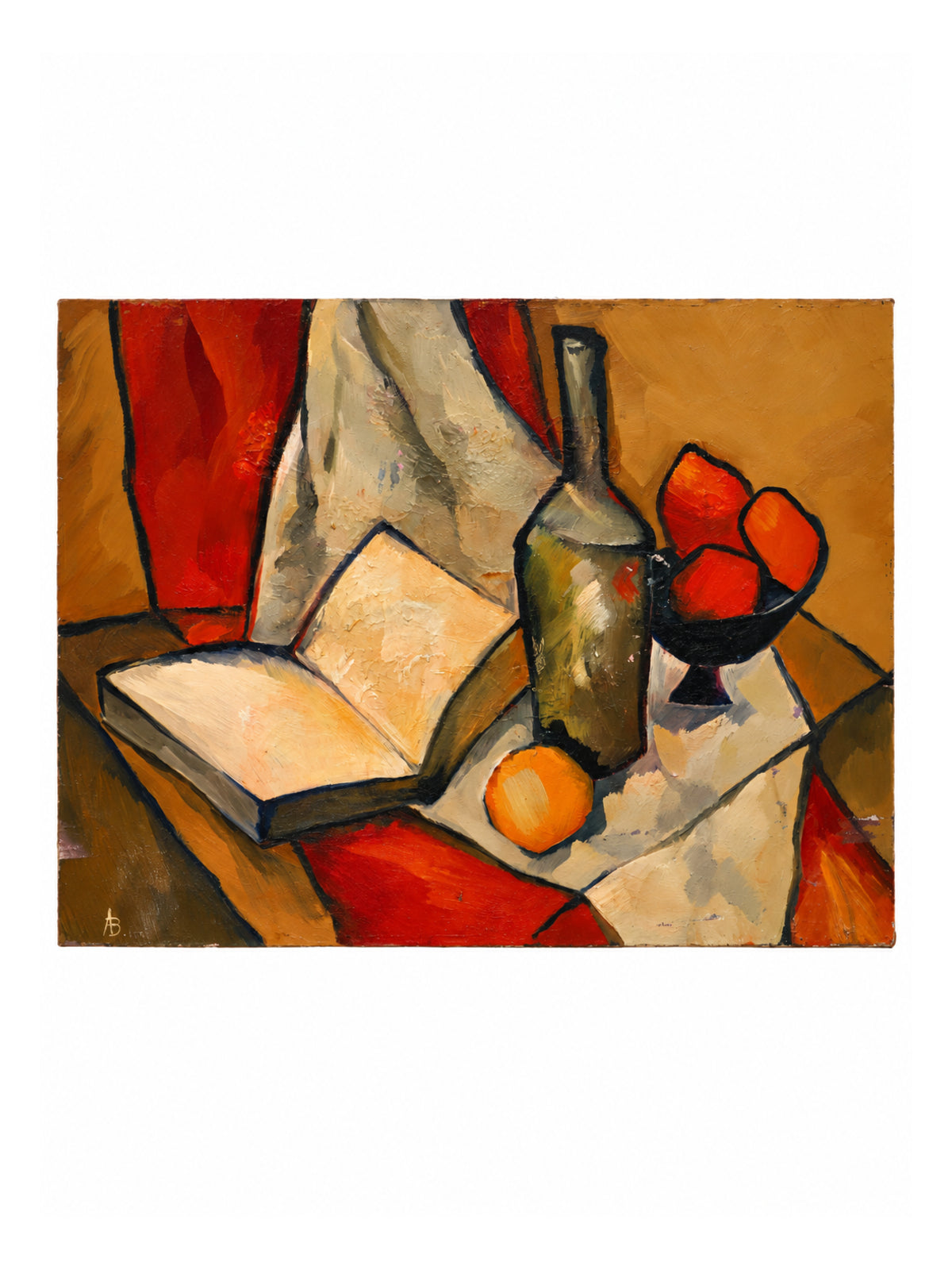 An abstract still life painting featuring a dark green bottle, an open book, a small orange, and red fruits in a bowl, rendered in warm earth tones of brown, beige, red, and orange.
