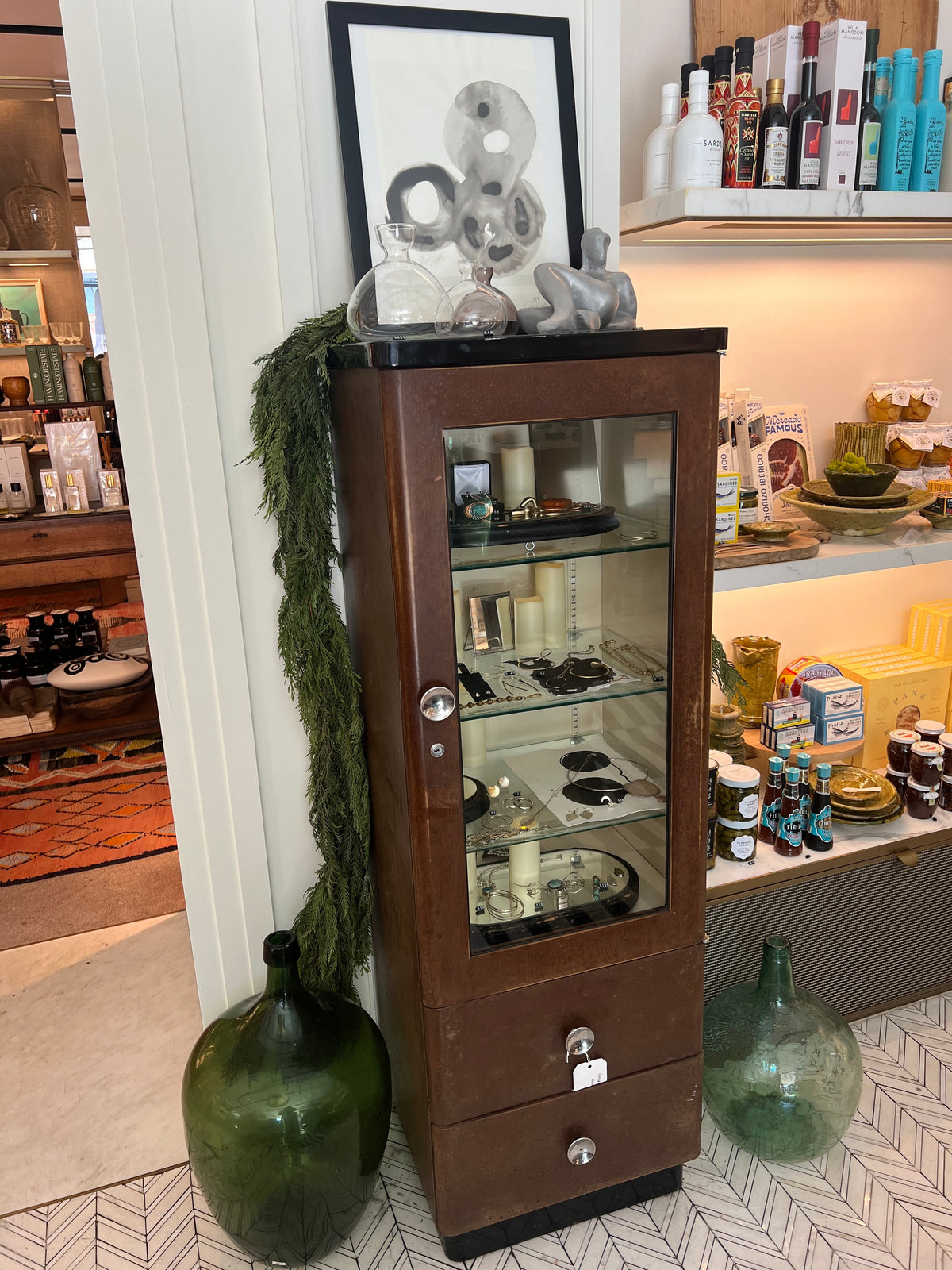 Vintage 1930's Brown and Black Display Case with Glass Shelves Artisan ...