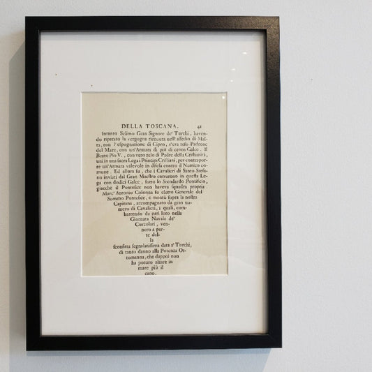 Framed antique Italian manuscript page, Della Toscana 41 at Bella Cucina in Atlanta