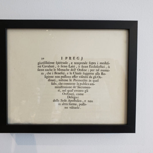 Framed antique Italian manuscript page, Ipregj 20, small, at Bella Cucina in Atlanta