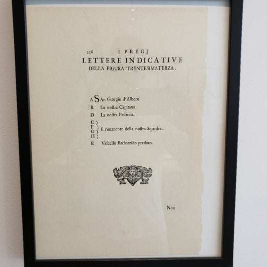Framed antique Italian manuscript page, Lettere Indicative 226 at Bella Cucina in Atlanta