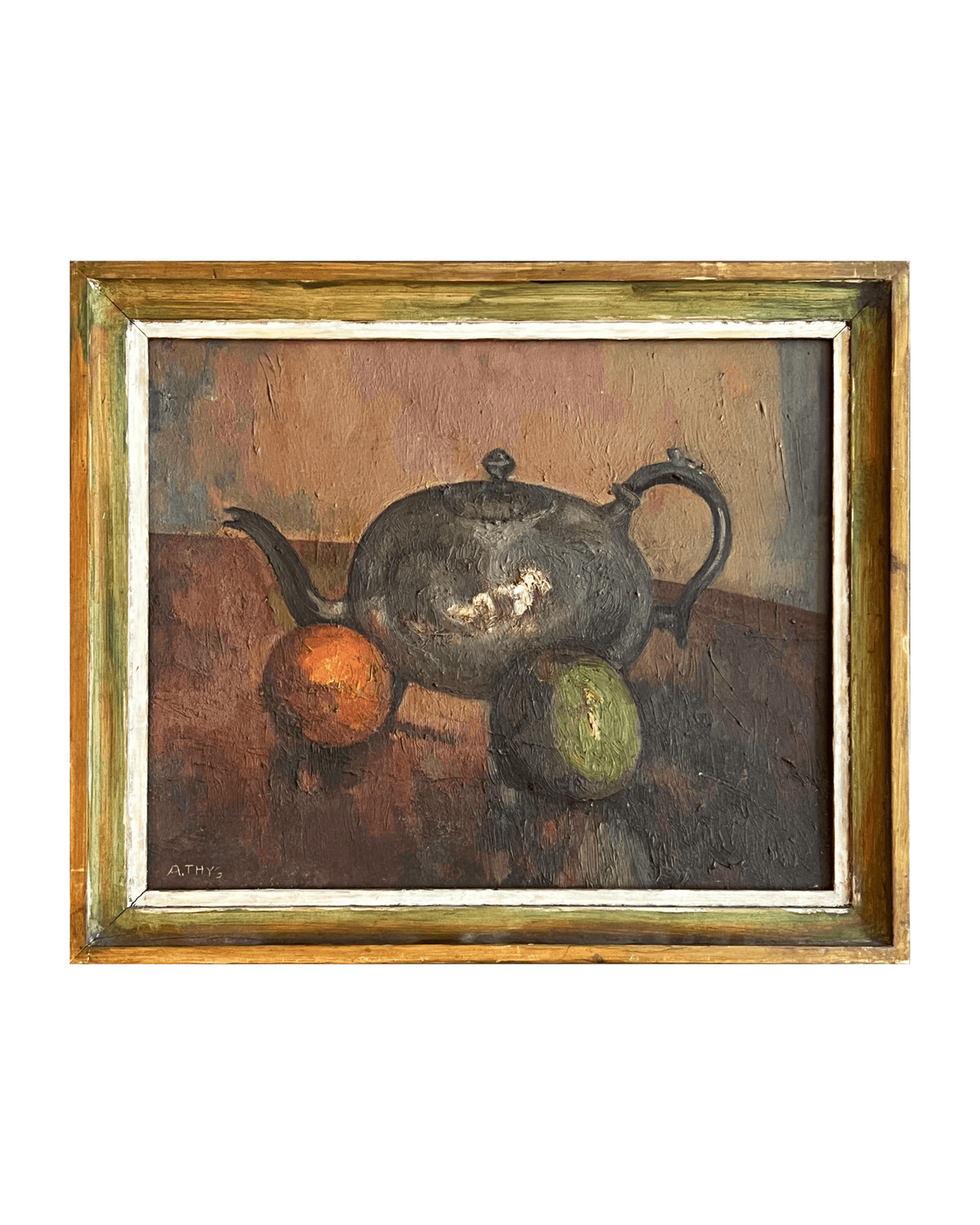 Vintage still life oil painting with teapot and fruit in gilt frame at Bella Cucina in Atlanta