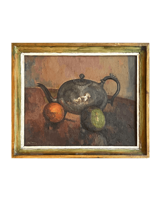 Vintage still life oil painting with teapot and fruit in gilt frame at Bella Cucina in Atlanta