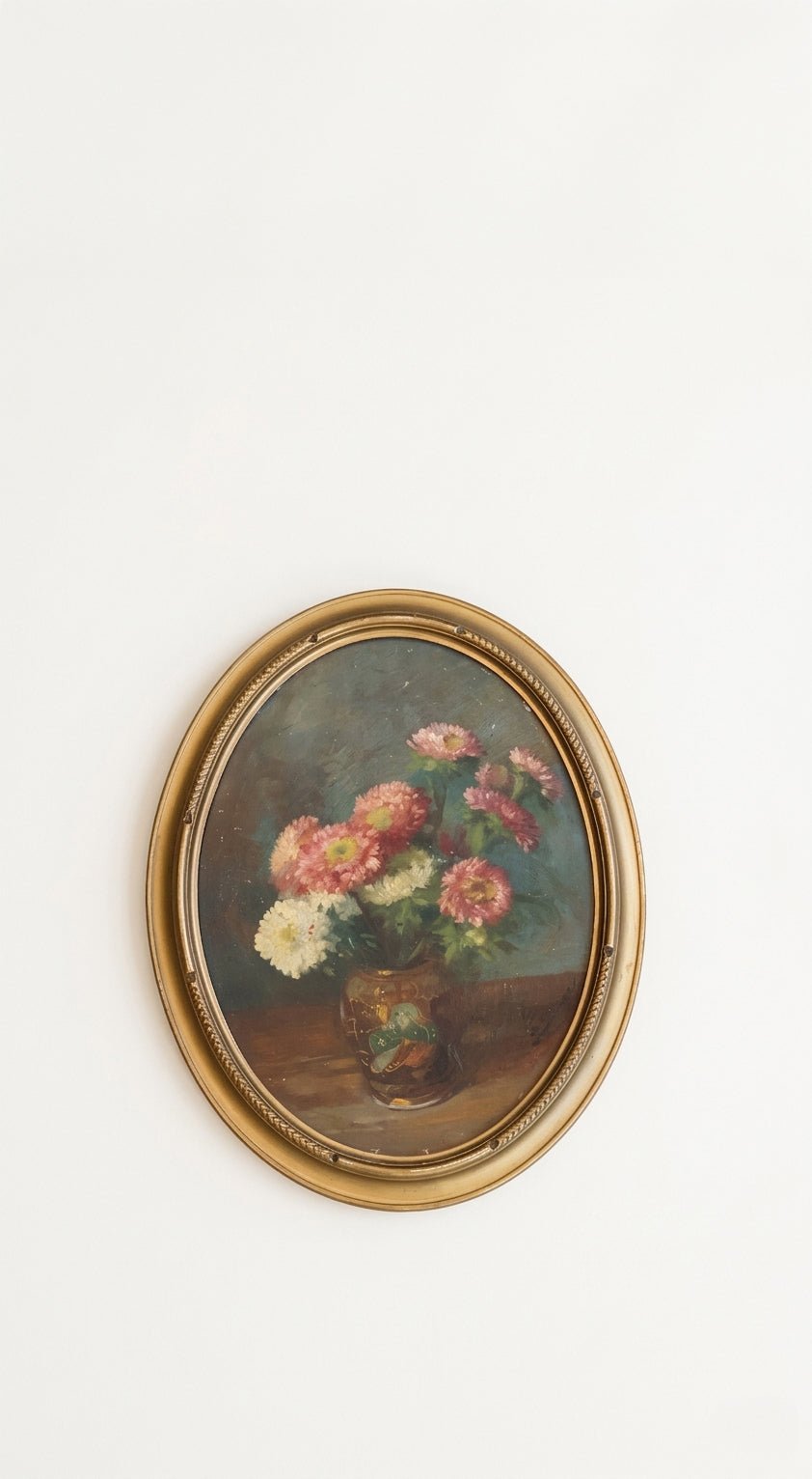 Vintage Oil Painting Art | Flowers in Oval Frame by Bella Cucina – Vintage Art