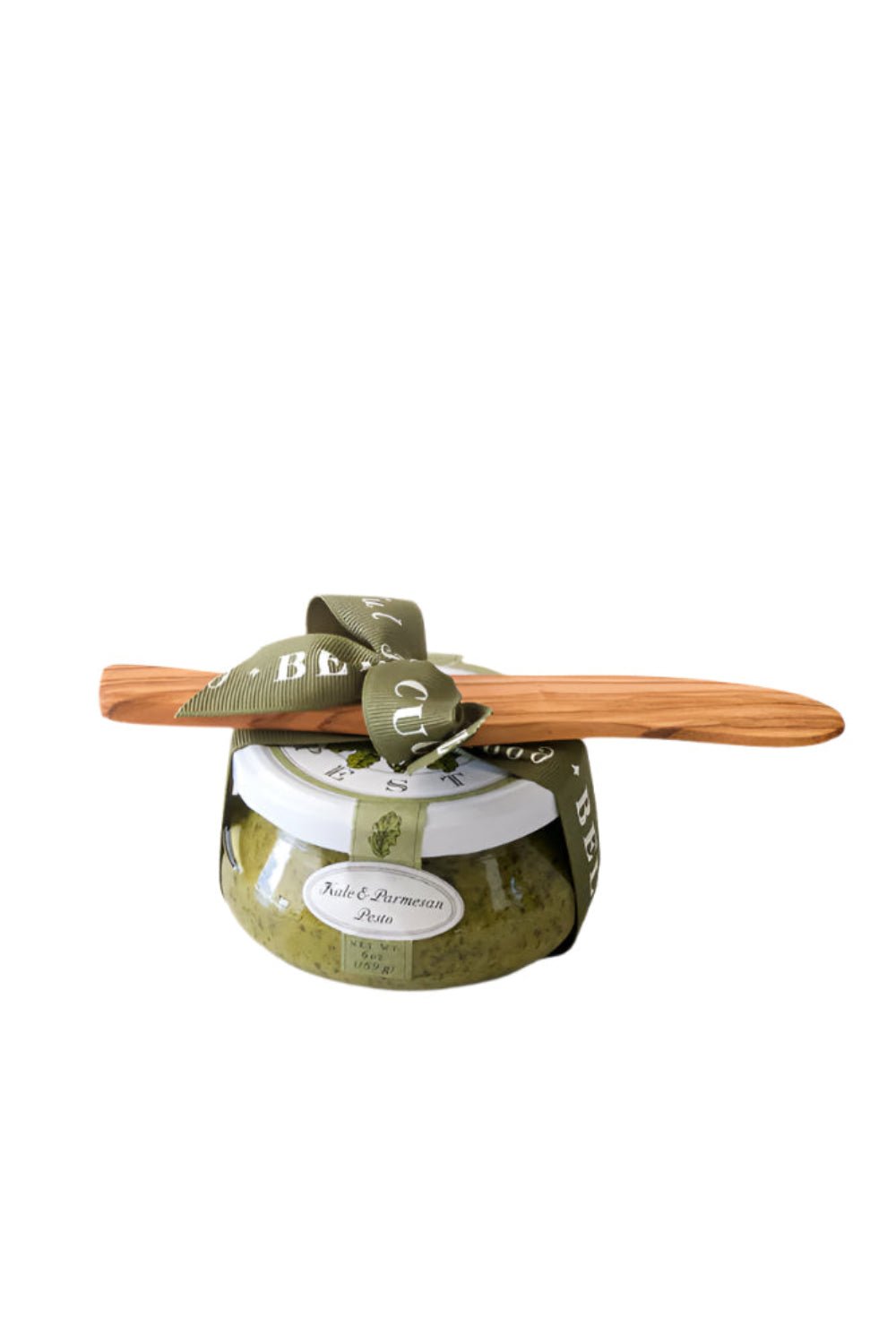 Bella Cucina Kale & Parmesan Pesto with Olivewood spreader and ribbon – gourmet Italian condiment and artisanal food gift