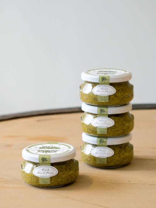 Bella Cucina Fresh Basil Pesto – a handcrafted Italian-inspired pesto made with fresh basil, Parmesan cheese, and olive oil, perfect for pasta, spreads, and dips.